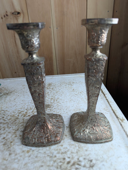 Pair of Vintage Dutch Repousse Silver Plate Candlesticks