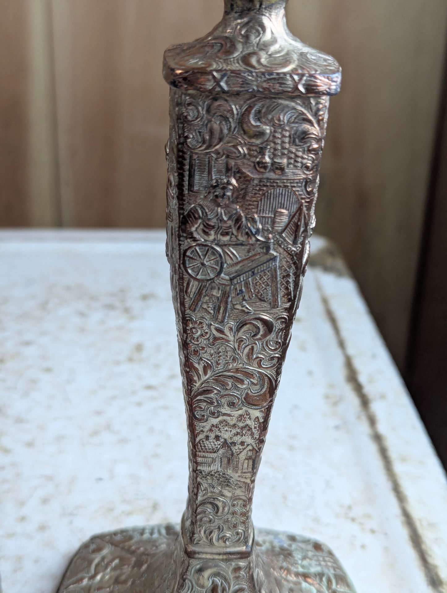 Pair of Vintage Dutch Repousse Silver Plate Candlesticks
