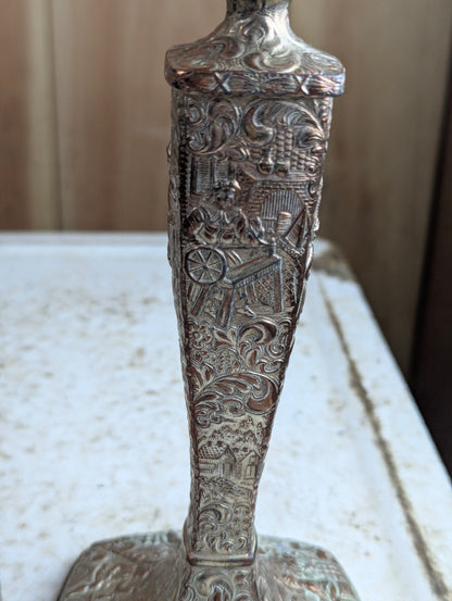 Pair of Vintage Dutch Repousse Silver Plate Candlesticks