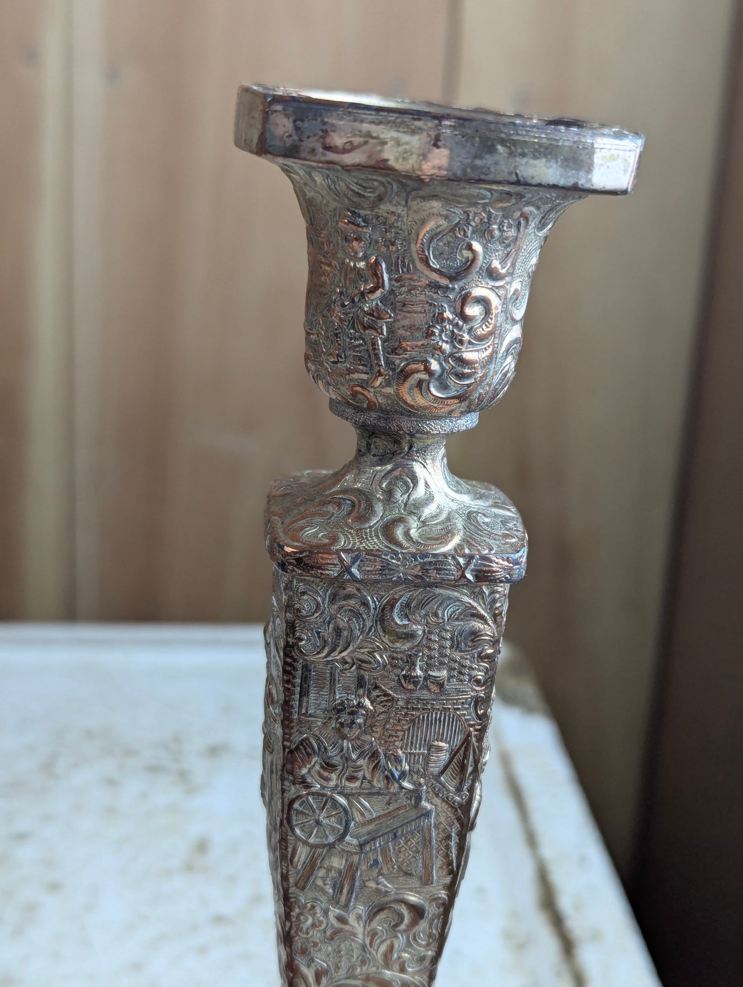 Pair of Vintage Dutch Repousse Silver Plate Candlesticks