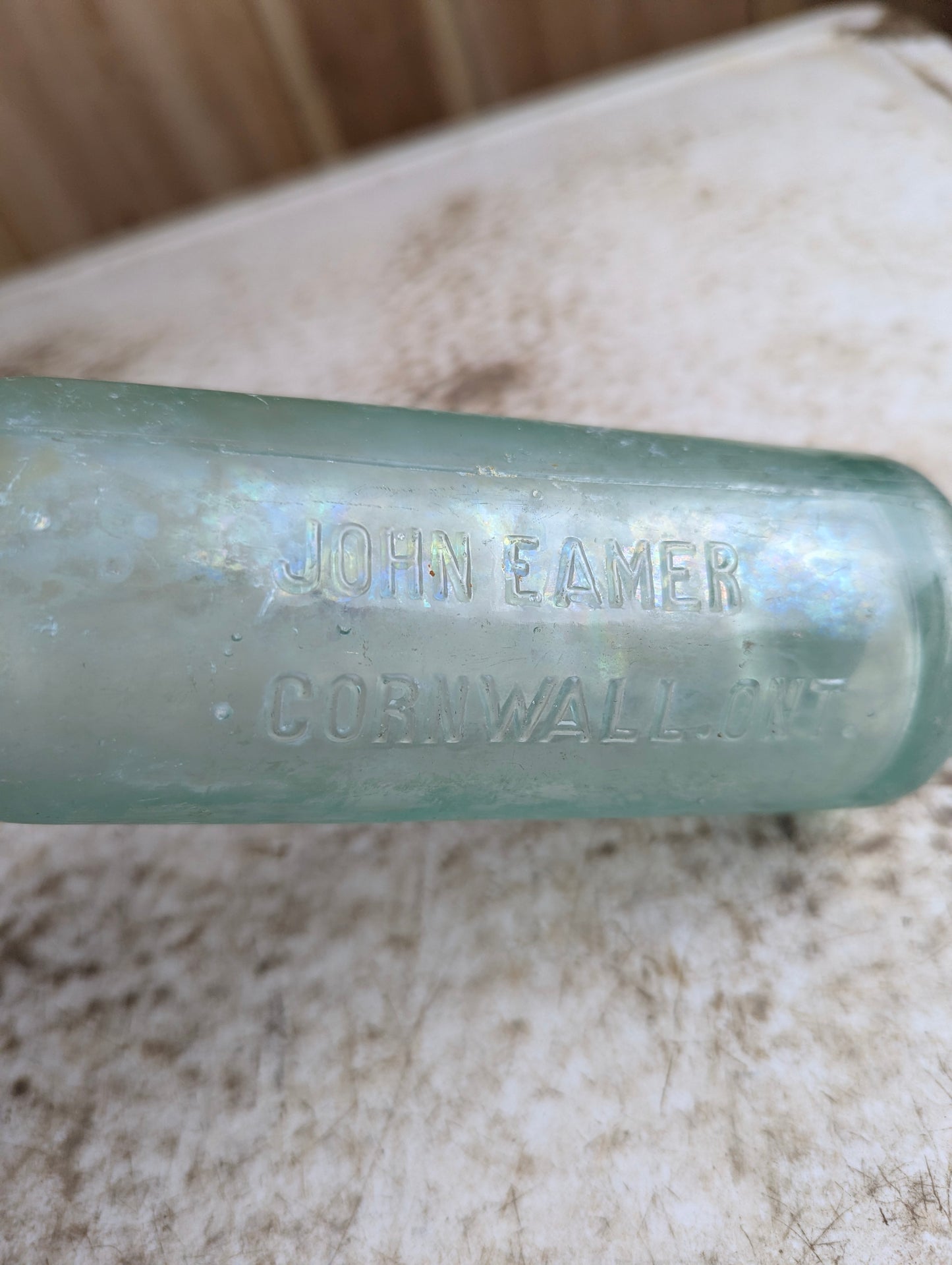 John Eamer Cornwall Ontario Antique Embossed Aqua Glass Soda Bottle