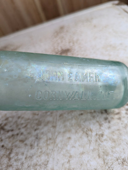 John Eamer Cornwall Ontario Antique Embossed Aqua Glass Soda Bottle