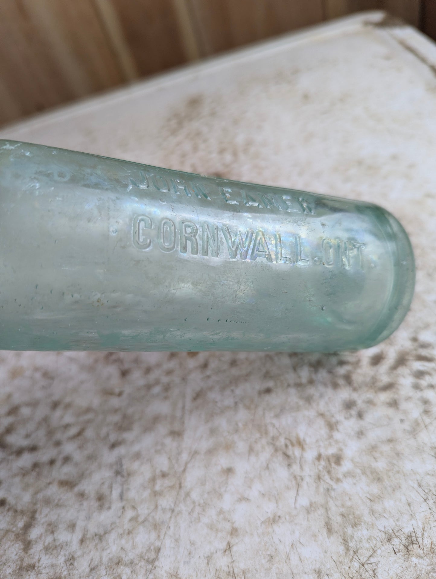 John Eamer Cornwall Ontario Antique Embossed Aqua Glass Soda Bottle