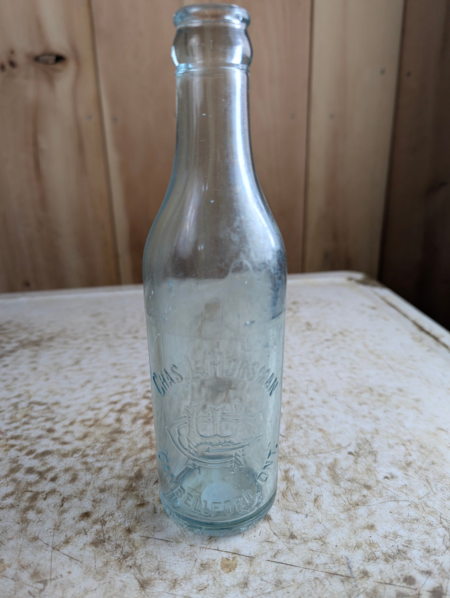 Chas.L.Horsman Campbellford Antique Embossed Aqua Blue Glass Soda Bottle