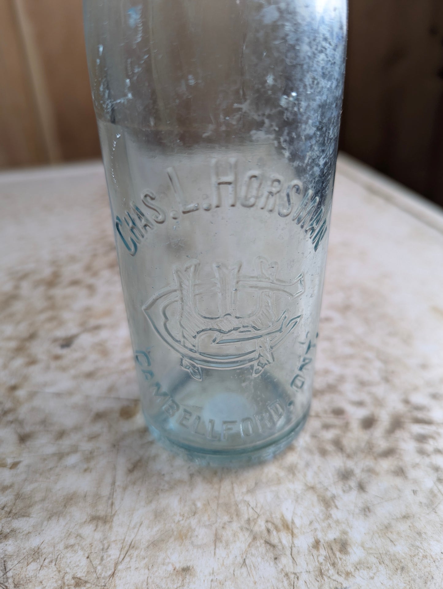 Chas.L.Horsman Campbellford Antique Embossed Aqua Blue Glass Soda Bottle