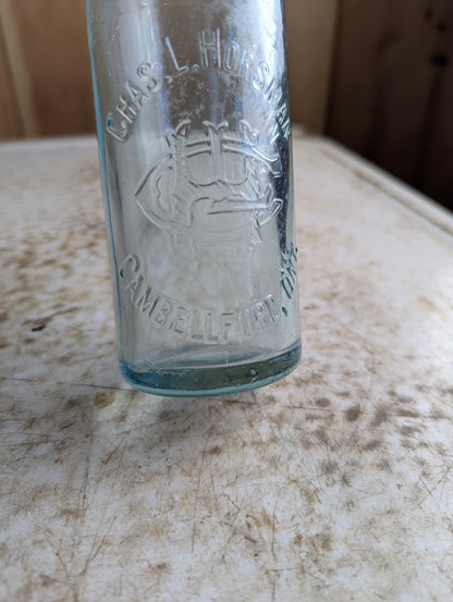 Chas.L.Horsman Campbellford Antique Embossed Aqua Blue Glass Soda Bottle
