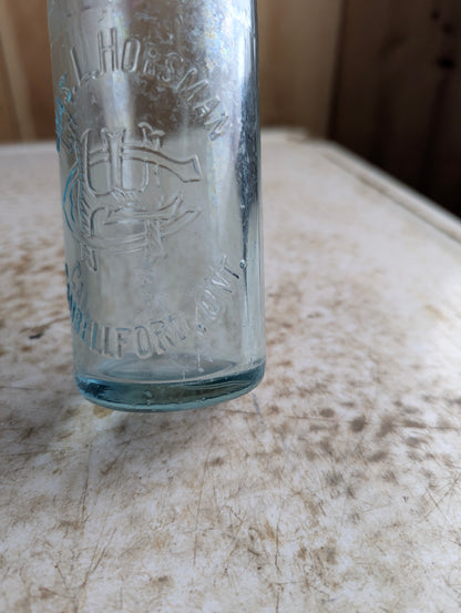 Chas.L.Horsman Campbellford Antique Embossed Aqua Blue Glass Soda Bottle