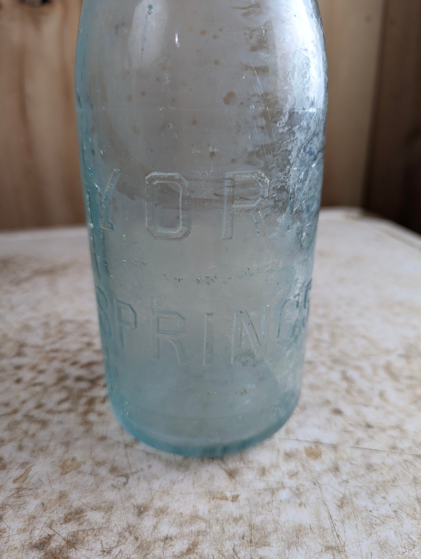 York Springs Antique Embossed Aqua Blue Glass Large Soda Bottle