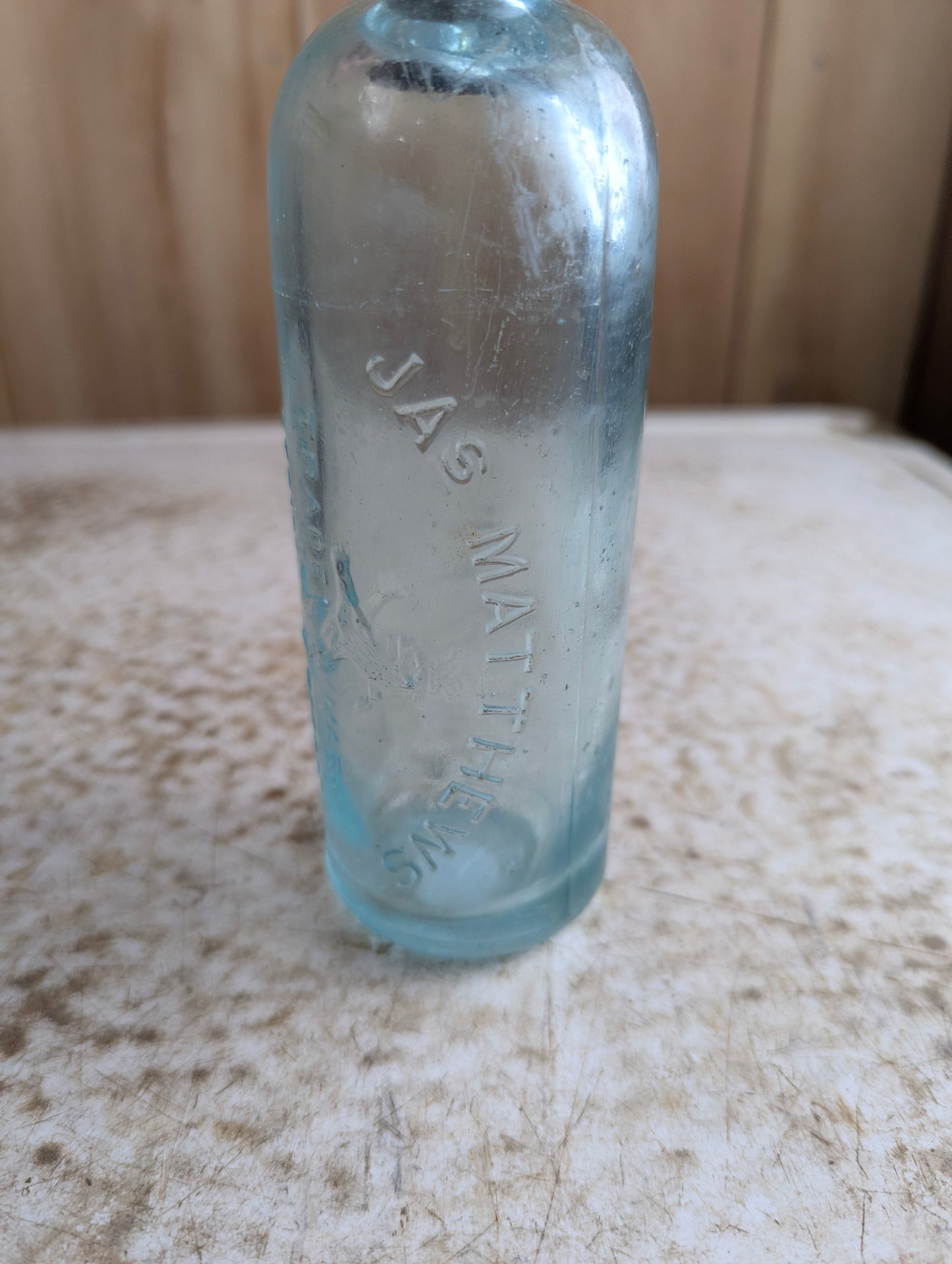 Jas Matthews Toronto Antique Lion Embossed Aqua Glass Hutchinson Soda Bottle