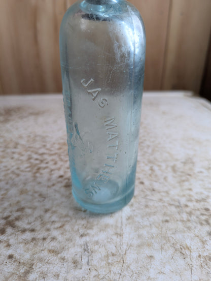 Jas Matthews Toronto Antique Lion Embossed Aqua Glass Hutchinson Soda Bottle