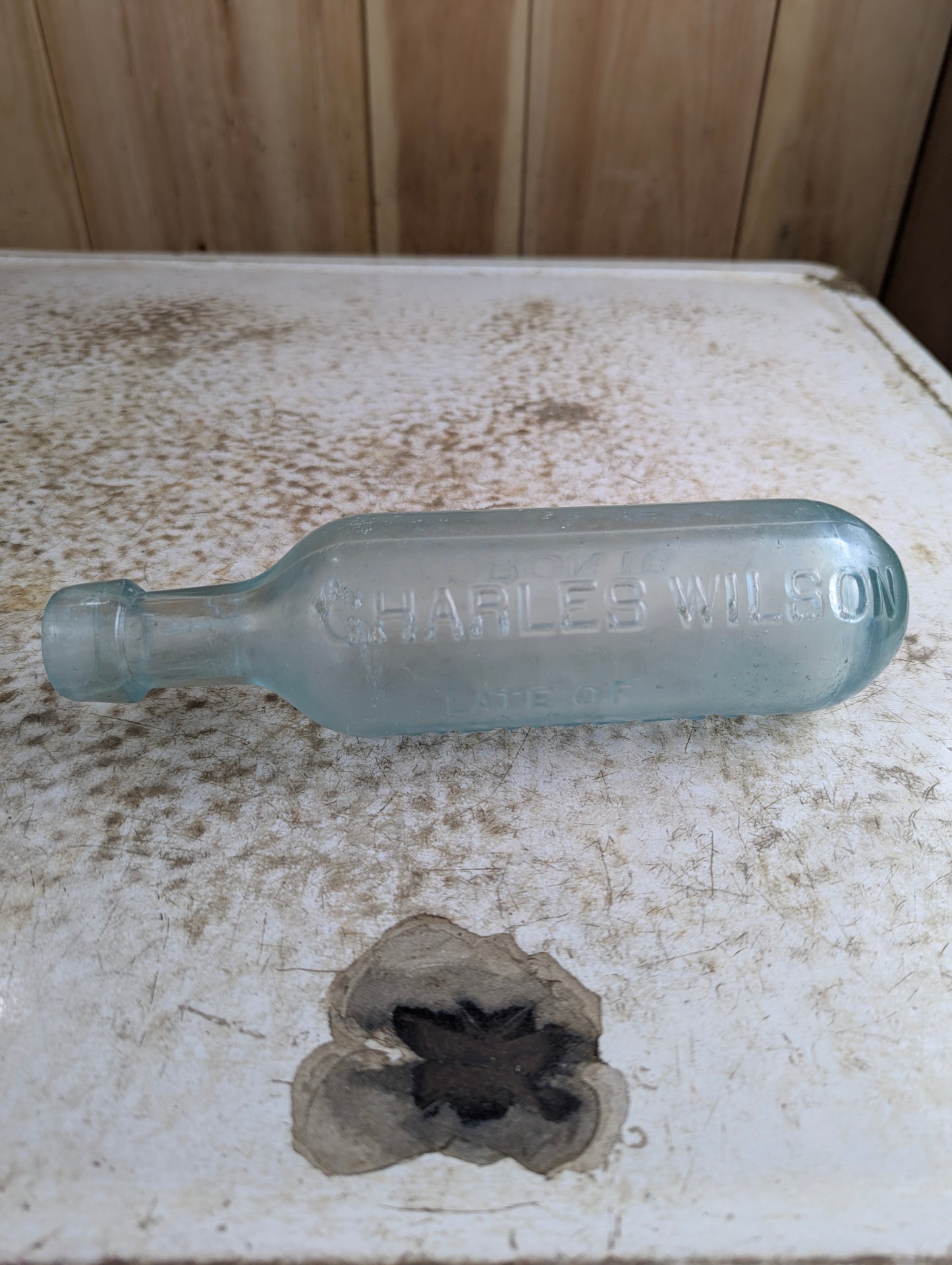 Charles Wilson Montreal Antique Embossed Aqua Glass Torpedo Hamilton Bottle