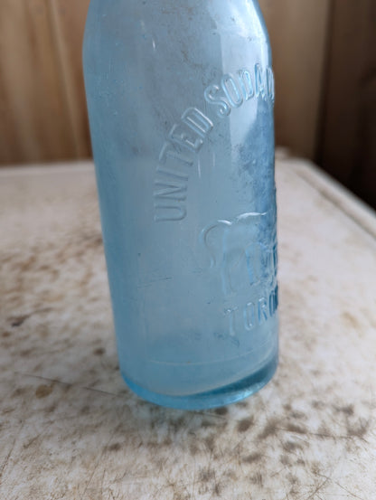 United Soda Water Mfc Co Toronto Antique Lion Embossed Aqua Blue Glass Soda Bottle