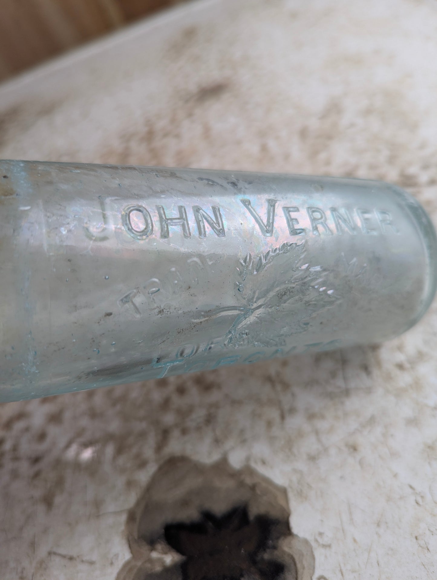 John Verner Toronto Antique Maple Leaf Embossed Aqua Glass Hutchinson Soda Bottle