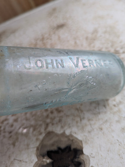 John Verner Toronto Antique Maple Leaf Embossed Aqua Glass Hutchinson Soda Bottle