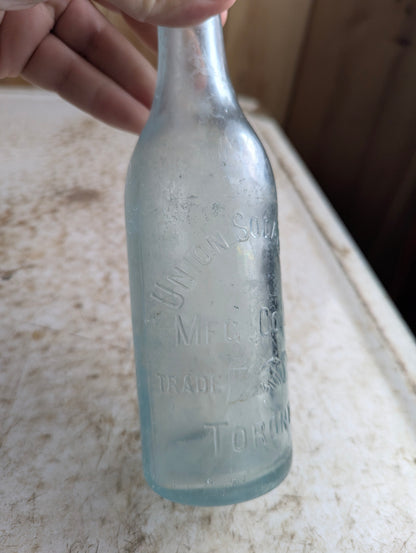 Union Soda Mfc Co Toronto Antique Embossed Aqua Blue Glass Soda Bottle