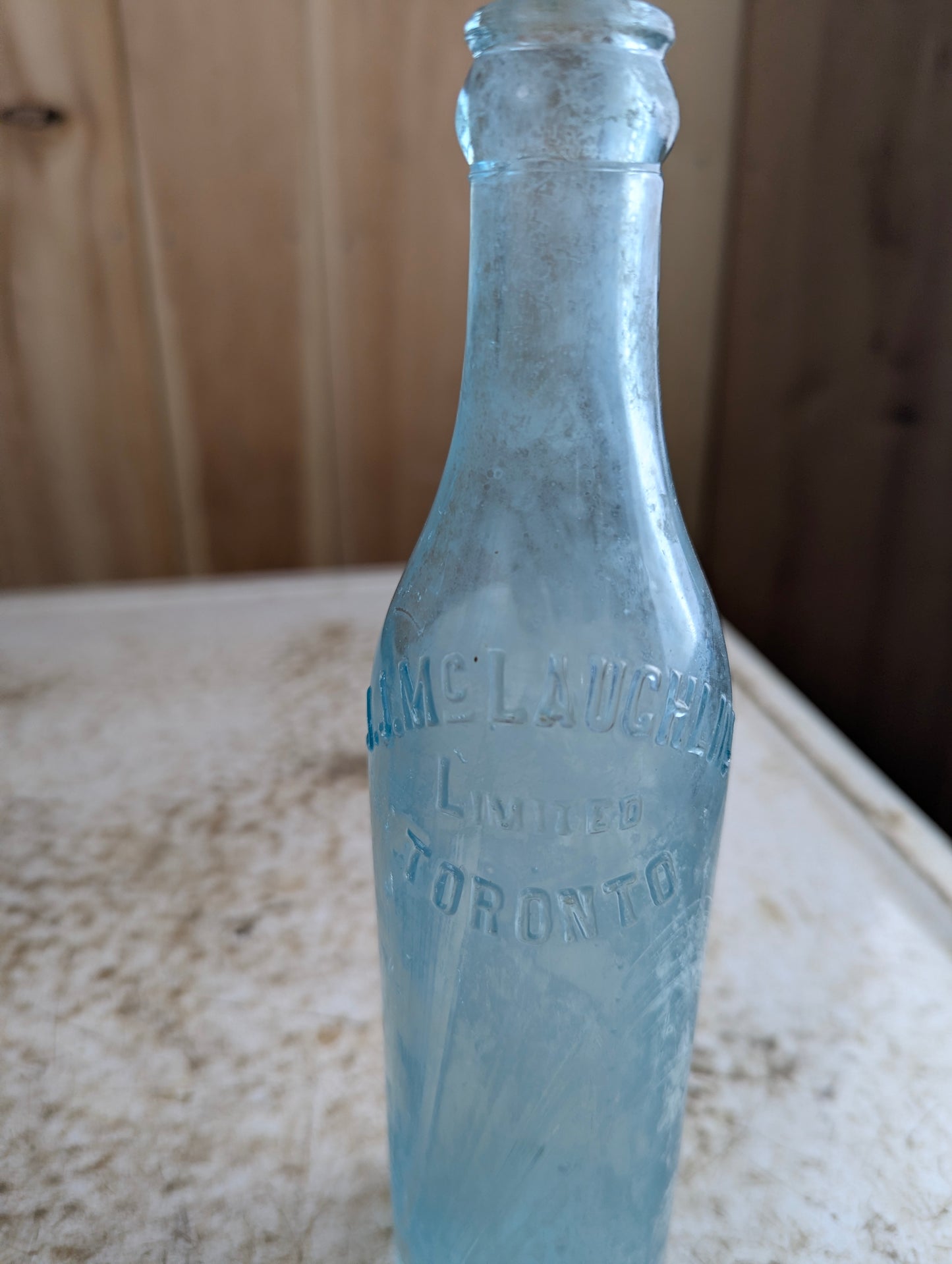 J.J. Mclauchlin Toronto Antique Embossed Aqua Blue Glass Soda Bottle