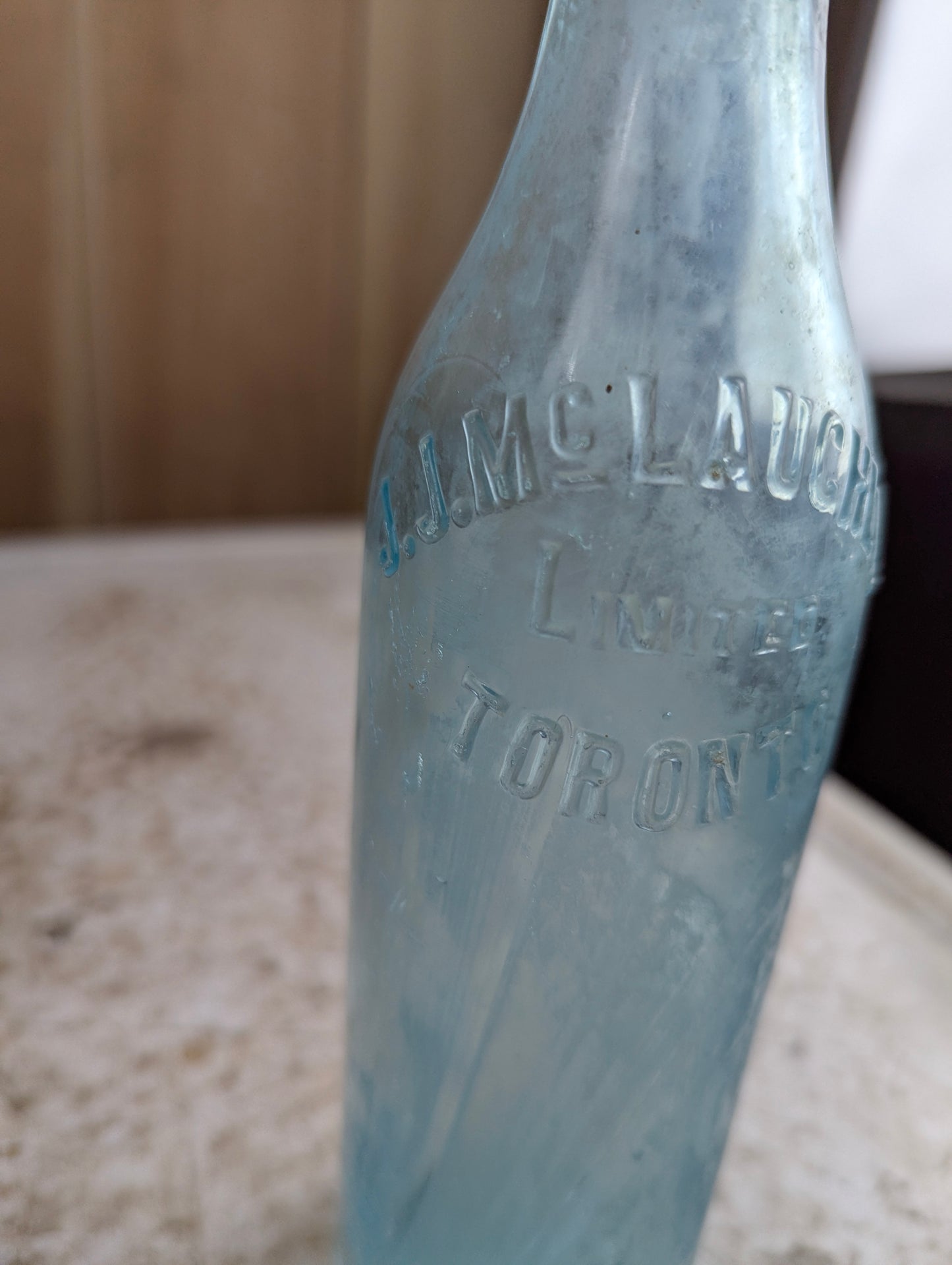 J.J. Mclauchlin Toronto Antique Embossed Aqua Blue Glass Soda Bottle