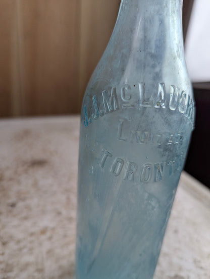 J.J. Mclauchlin Toronto Antique Embossed Aqua Blue Glass Soda Bottle