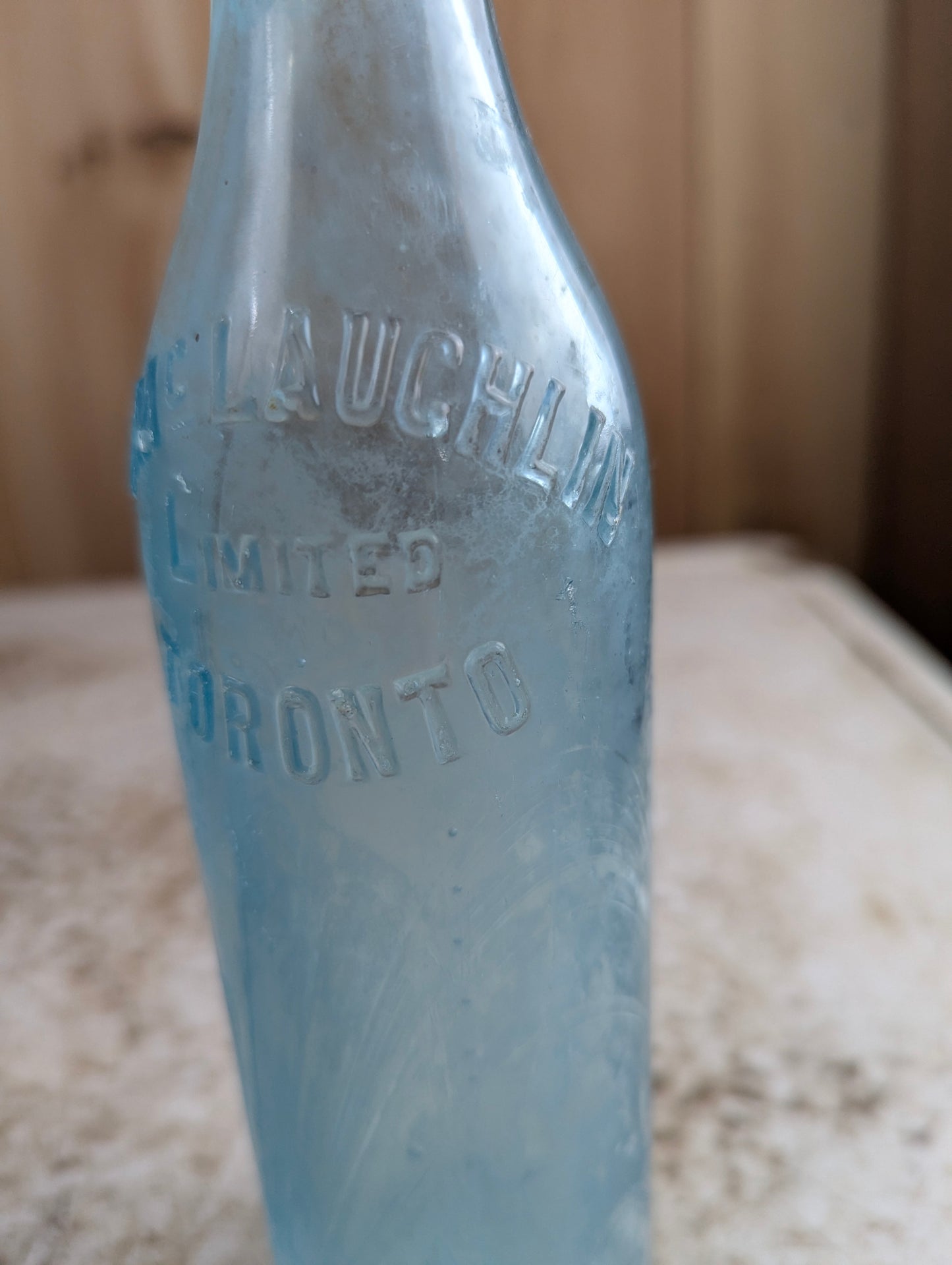 J.J. Mclauchlin Toronto Antique Embossed Aqua Blue Glass Soda Bottle