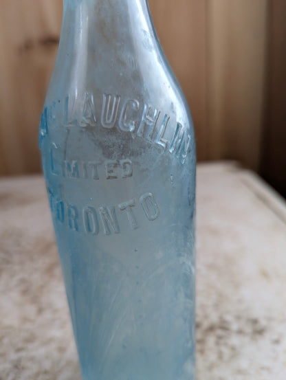 J.J. Mclauchlin Toronto Antique Embossed Aqua Blue Glass Soda Bottle