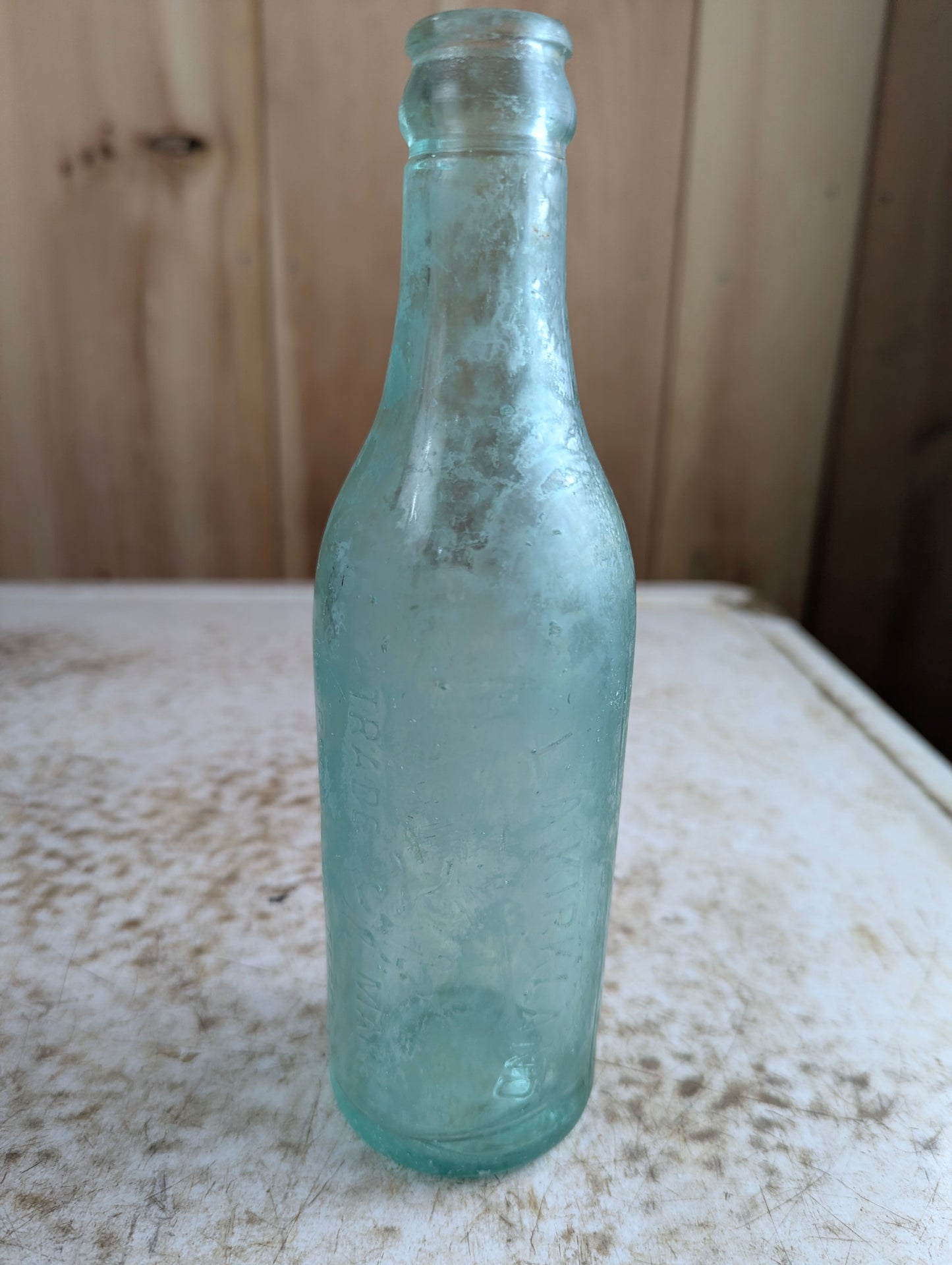 L.A. Kirkland Toronto Antique Embossed Aqua Blue Glass Soda Bottle
