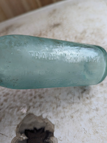 L.A. Kirkland Toronto Antique Embossed Aqua Blue Glass Soda Bottle
