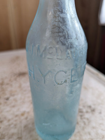 J.J. Mclauchlin Hygeia Antique Embossed Aqua Blue Glass Soda Bottle