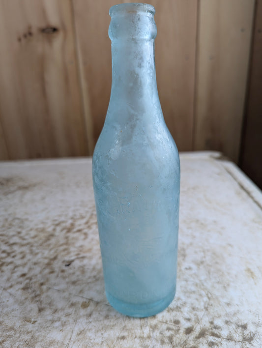 C Feuman Toronto Antique Embossed Aqua Blue Glass Soda Bottle