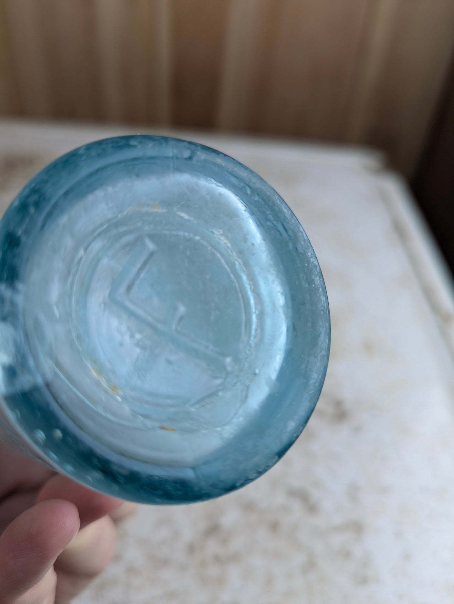 C Feuman Toronto Antique Embossed Aqua Blue Glass Soda Bottle