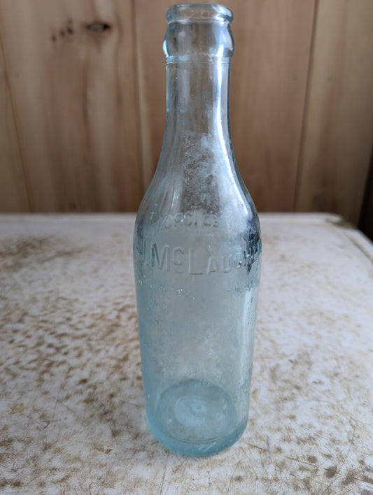 J.J. Mclauchlin Antique Embossed Aqua Blue Glass Soda Bottle