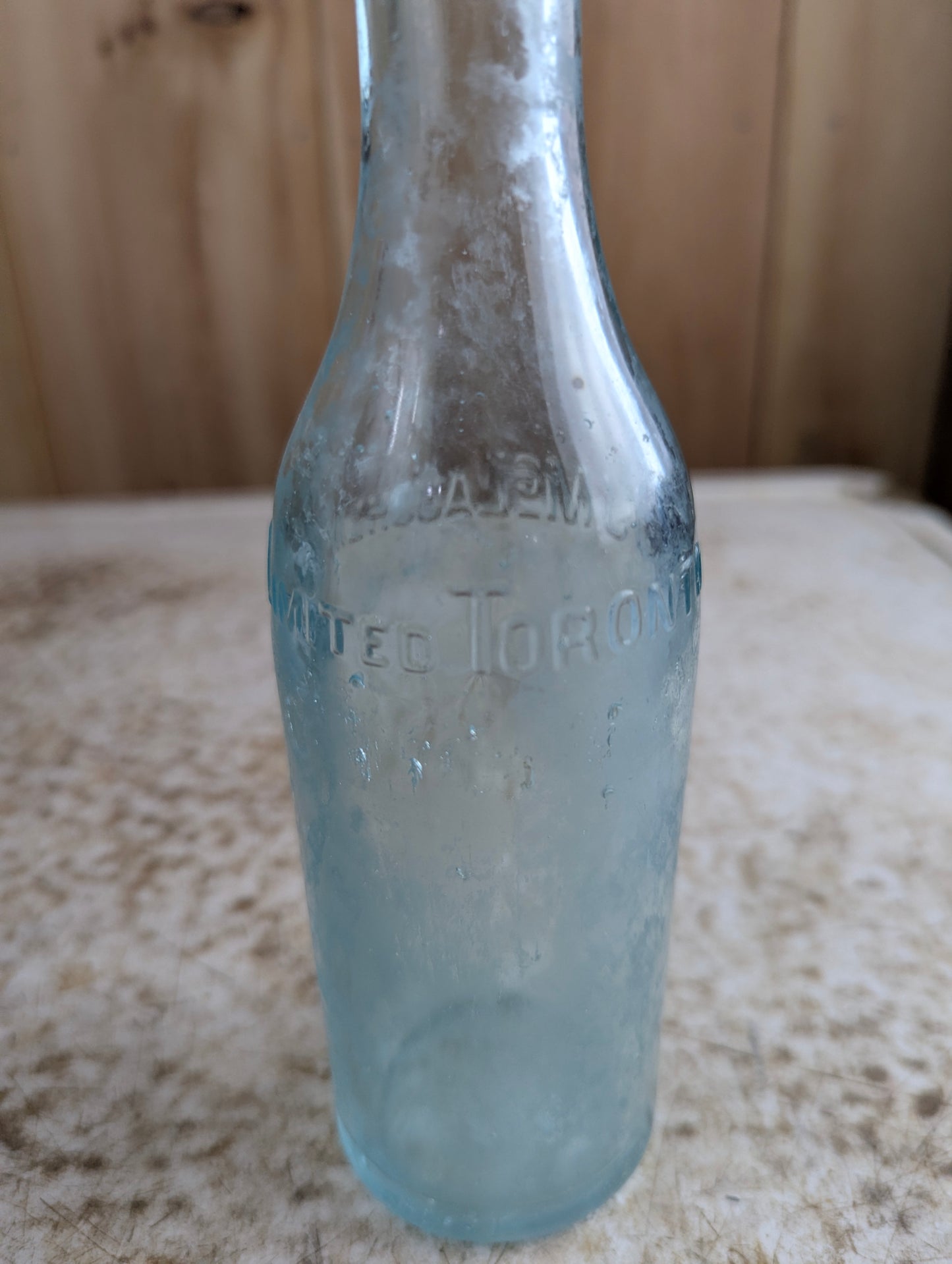 J.J. Mclauchlin Antique Embossed Aqua Blue Glass Soda Bottle