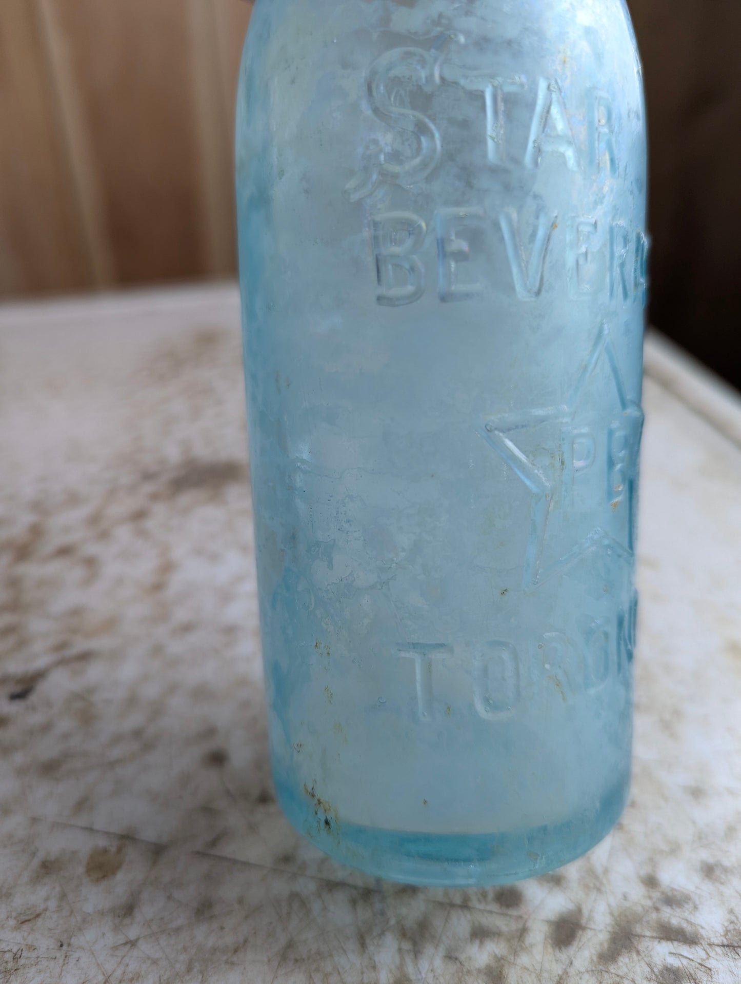 Star Beverage Co Toronto Antique Embossed Aqua Blue Glass Soda Bottle