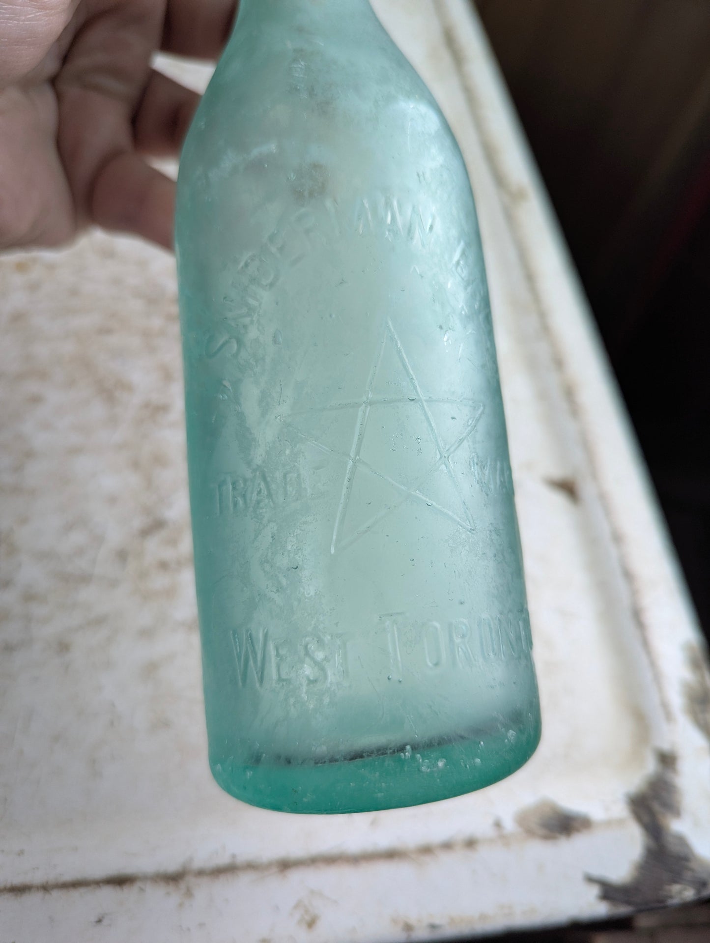Sniderman Bros West Toronto Antique Embossed Aqua Glass Soda Bottle