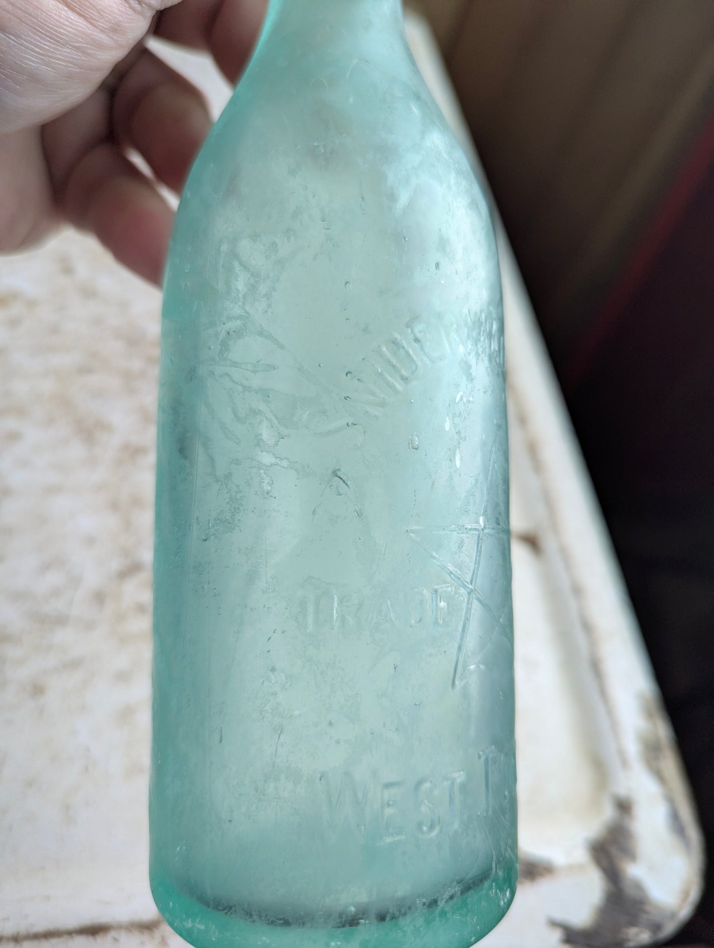 Sniderman Bros West Toronto Antique Embossed Aqua Glass Soda Bottle