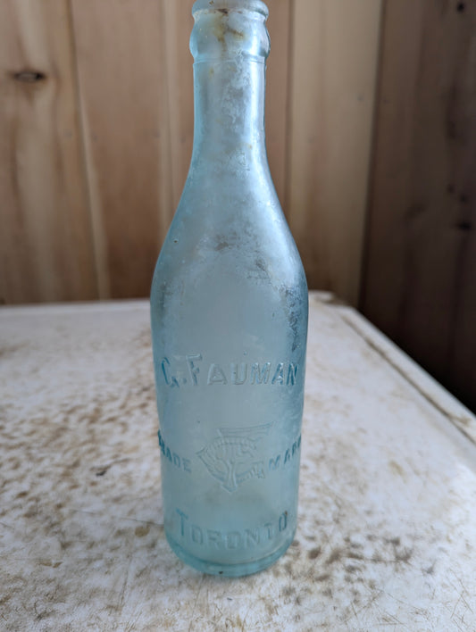 C Feuman Toronto Antique Embossed Aqua Blue Glass Soda Bottle