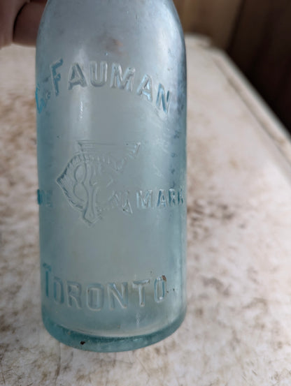 C Feuman Toronto Antique Embossed Aqua Blue Glass Soda Bottle