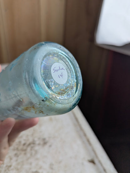 C Feuman Toronto Antique Embossed Aqua Blue Glass Soda Bottle