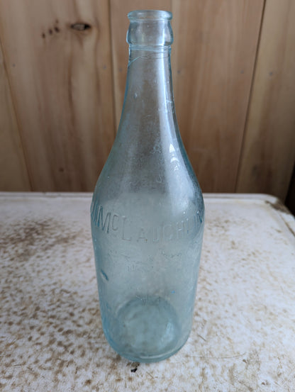 J.J. Mclauchlin Antique Embossed Aqua Blue Glass Large Soda Bottle