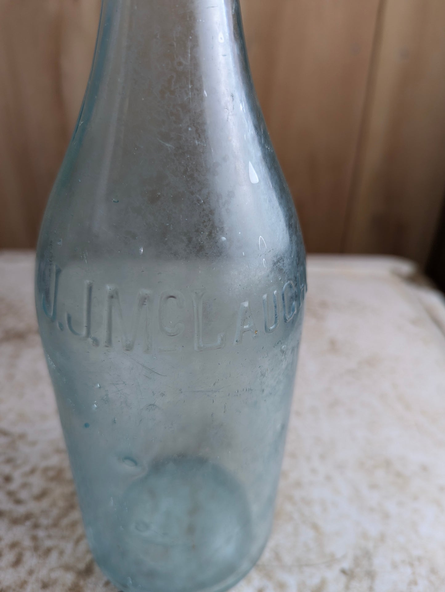 J.J. Mclauchlin Antique Embossed Aqua Blue Glass Large Soda Bottle