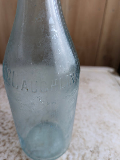 J.J. Mclauchlin Antique Embossed Aqua Blue Glass Large Soda Bottle