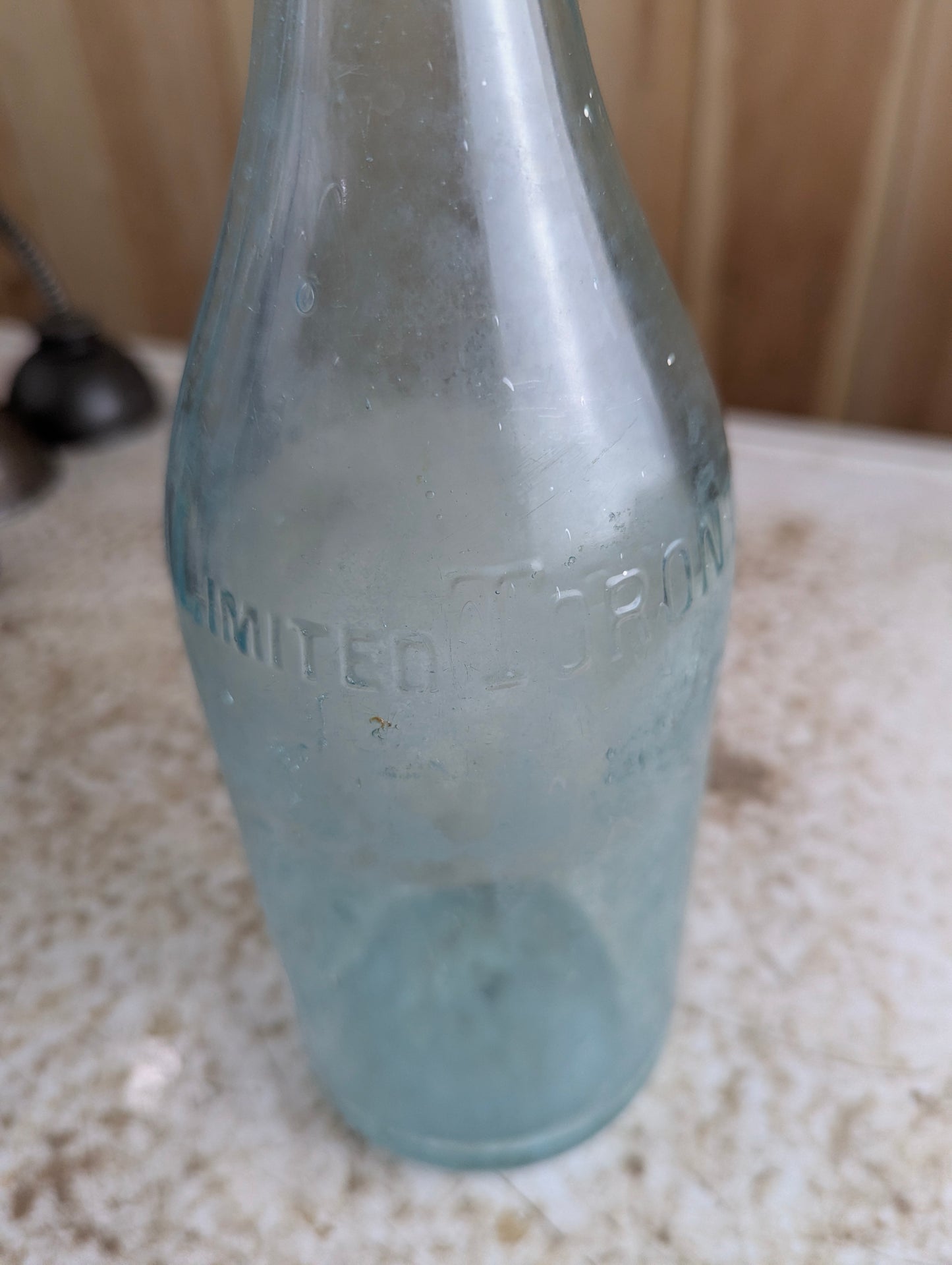 J.J. Mclauchlin Antique Embossed Aqua Blue Glass Large Soda Bottle