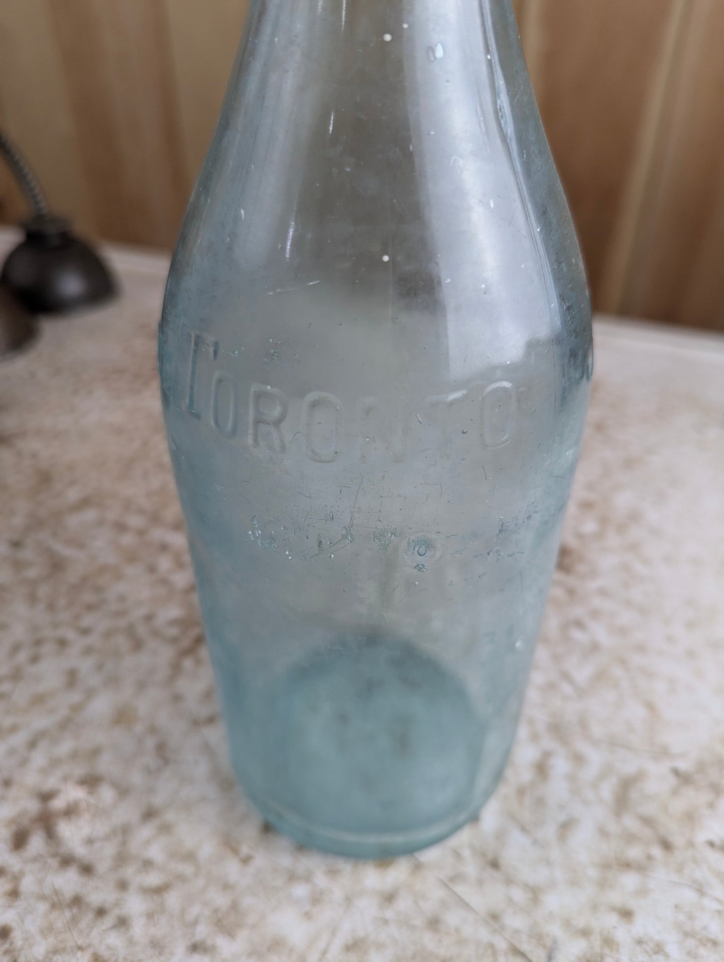 J.J. Mclauchlin Antique Embossed Aqua Blue Glass Large Soda Bottle
