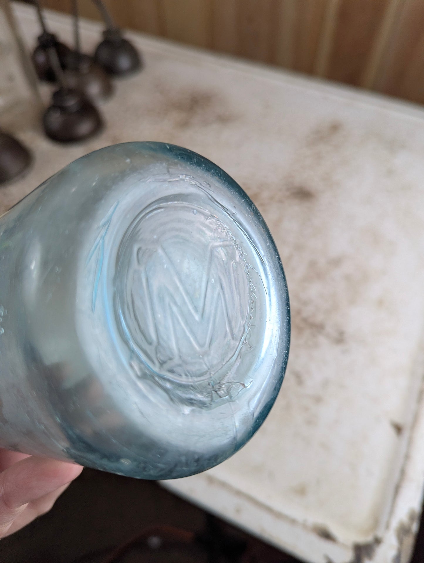J.J. Mclauchlin Antique Embossed Aqua Blue Glass Large Soda Bottle