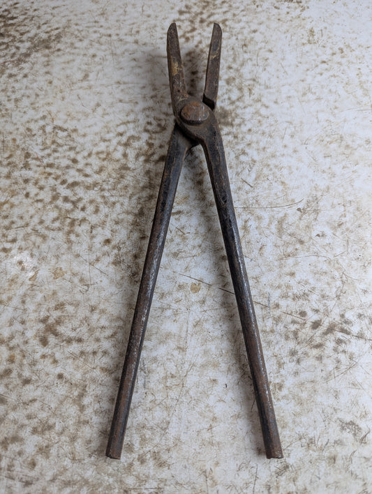 Antique Hand-Forged Metal Blacksmith Flat Jaw Tongs