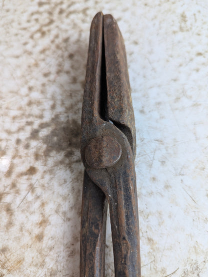Antique Hand-Forged Metal Blacksmith Flat Jaw Tongs