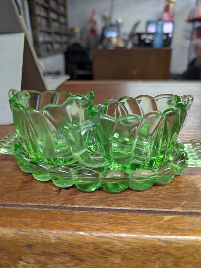 Vintage 3-piece Green Glass Cream and Sugar Set with Swirl Pattern
