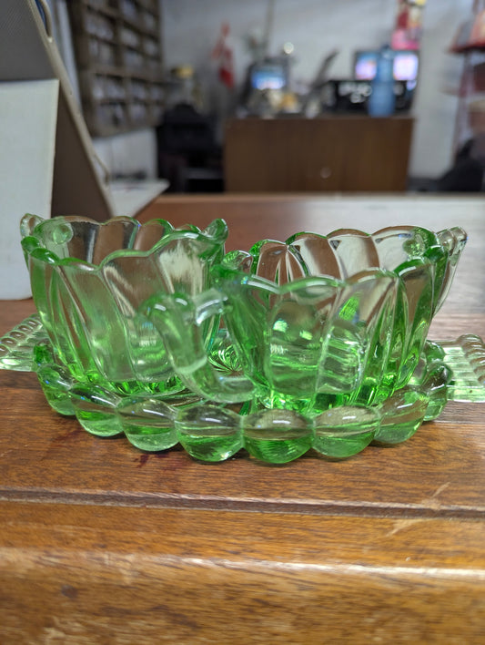 Vintage 3-piece Green Glass Cream and Sugar Set with Swirl Pattern