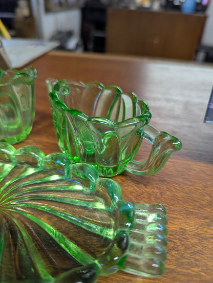 Vintage 3-piece Green Glass Cream and Sugar Set with Swirl Pattern