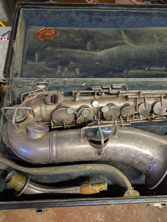 1930 King 'New Voll-True" Silver-plated Eb Alto Saxophone in Case with Selmer S80 F Mouthpiece and Cordier L'unic Reed Cutter