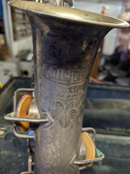 1930 King 'New Voll-True" Silver-plated Eb Alto Saxophone in Case with Selmer S80 F Mouthpiece and Cordier L'unic Reed Cutter